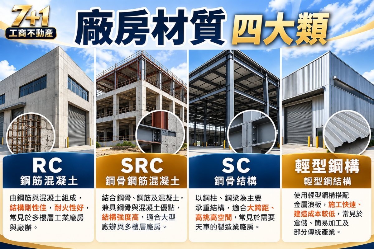 廠房材質怎麼選？RC、SRC、SC鋼構、輕型鋼構完整比較｜7+1工商不動產